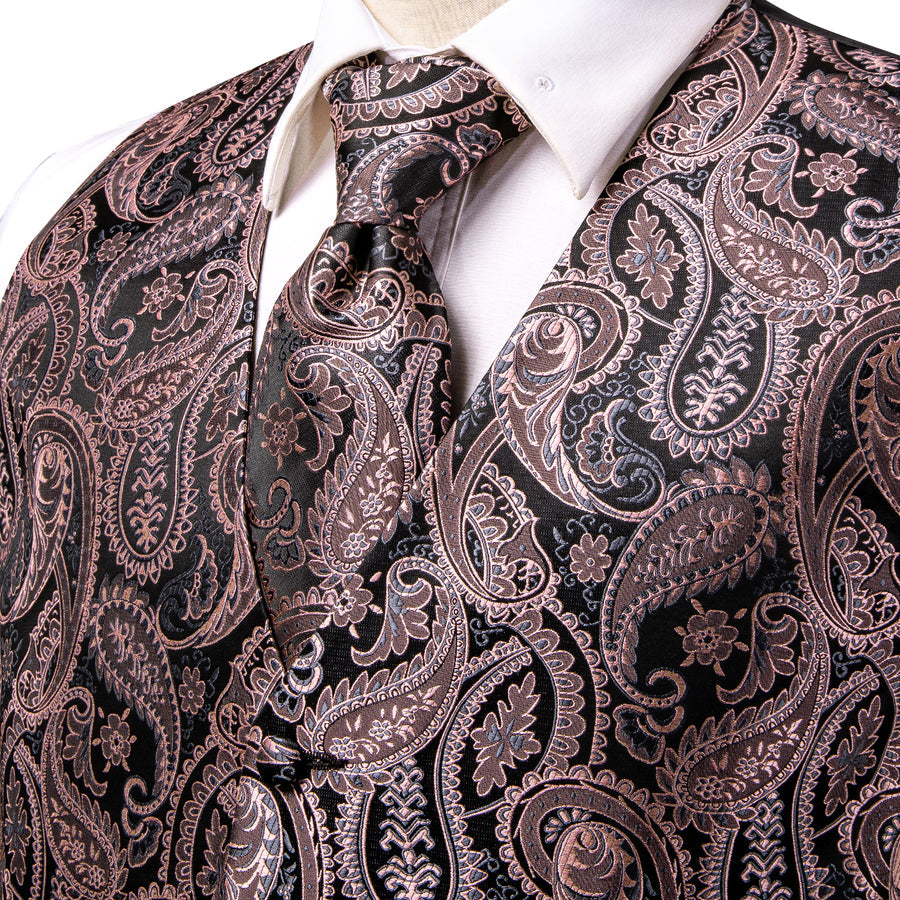 Black and Pink Paisley Silk Vest Set vest set - Sophisticated Gentlemen