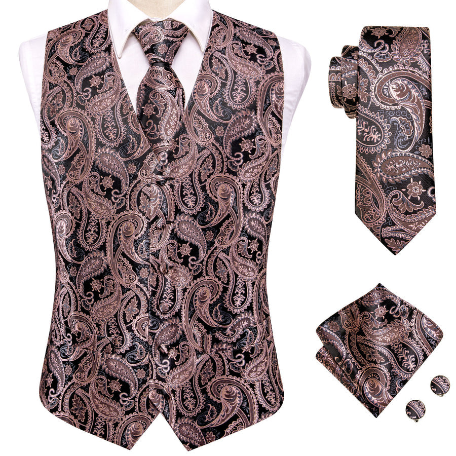 Black and Pink Paisley Silk Vest Set vest set - Sophisticated Gentlemen