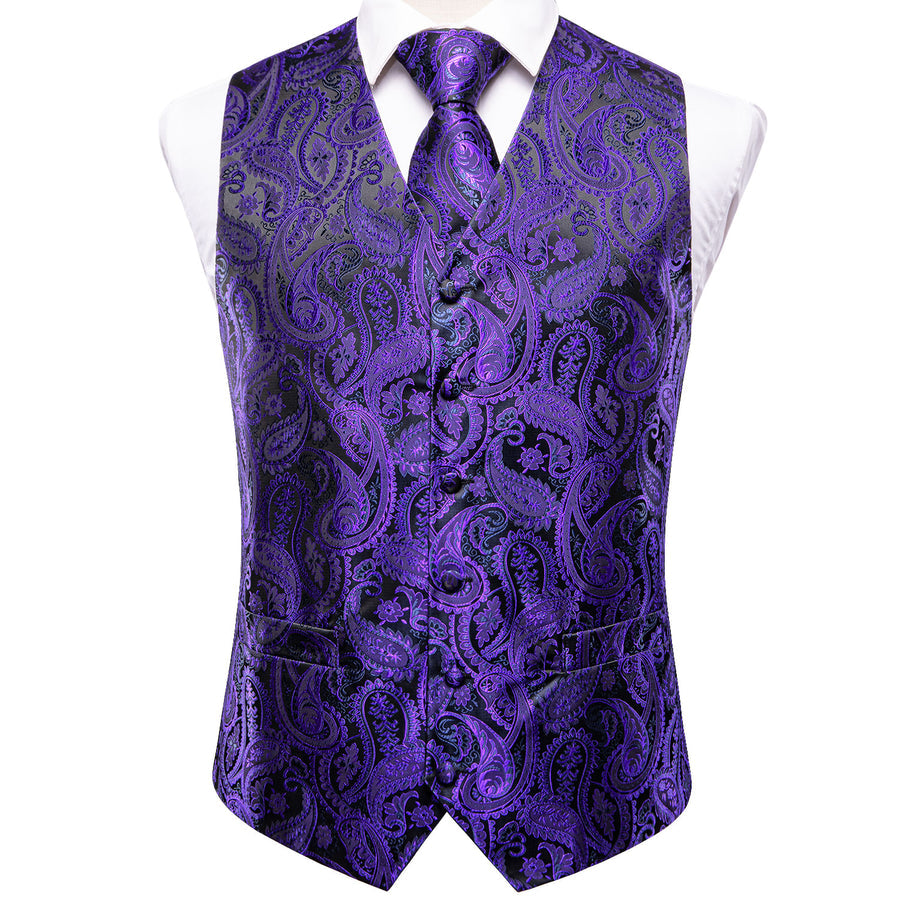 Purple and Black Paisley Silk Vest Set vest set - Sophisticated Gentlemen