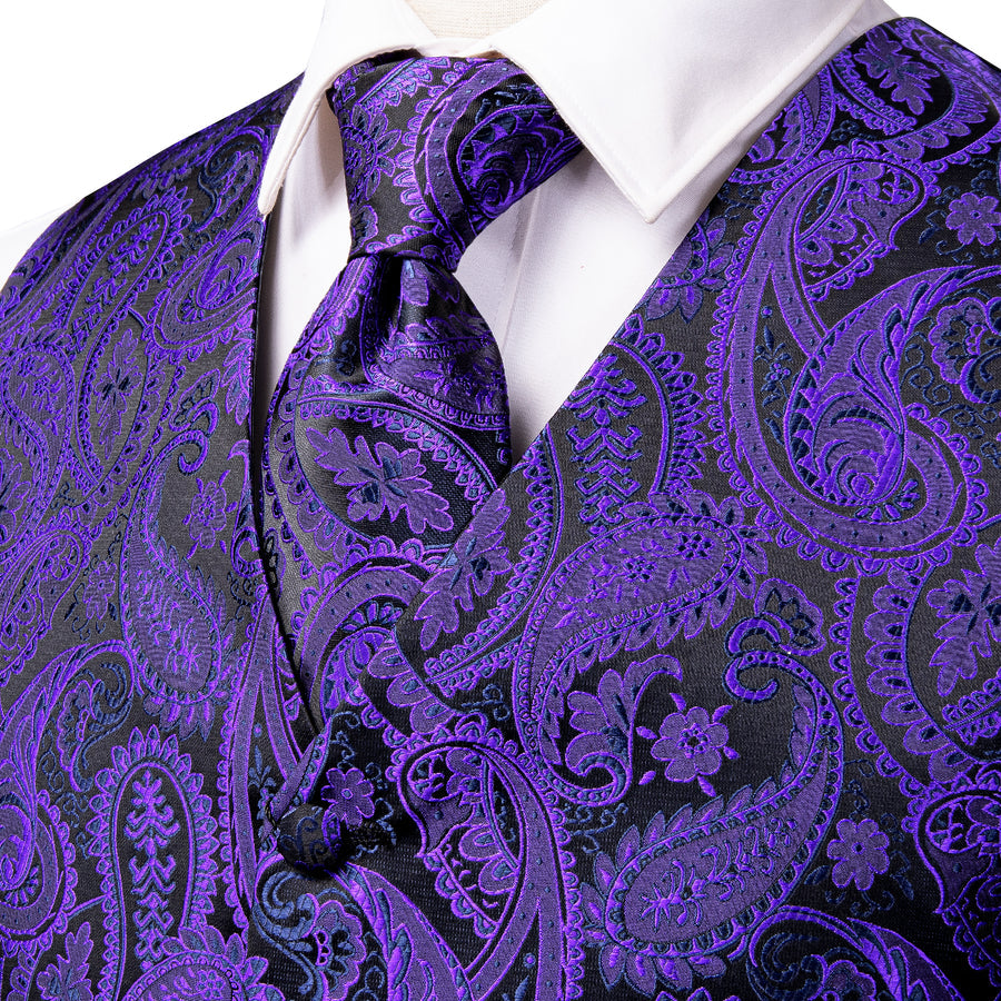 Purple and Black Paisley Silk Vest Set vest set - Sophisticated Gentlemen