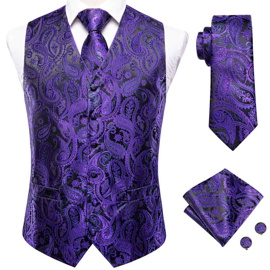 Purple and Black Paisley Silk Vest Set vest set - Sophisticated Gentlemen