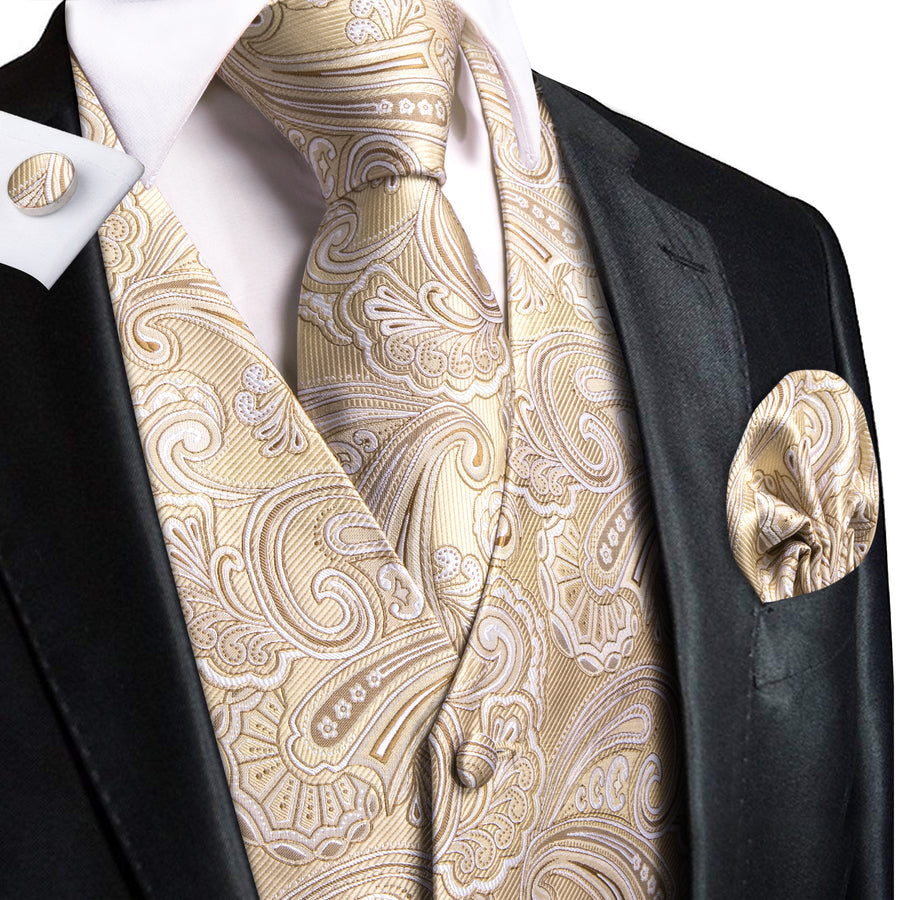 Light Champagne Paisley Silk Vest Set vest set S (Chest 40") - Sophisticated Gentlemen