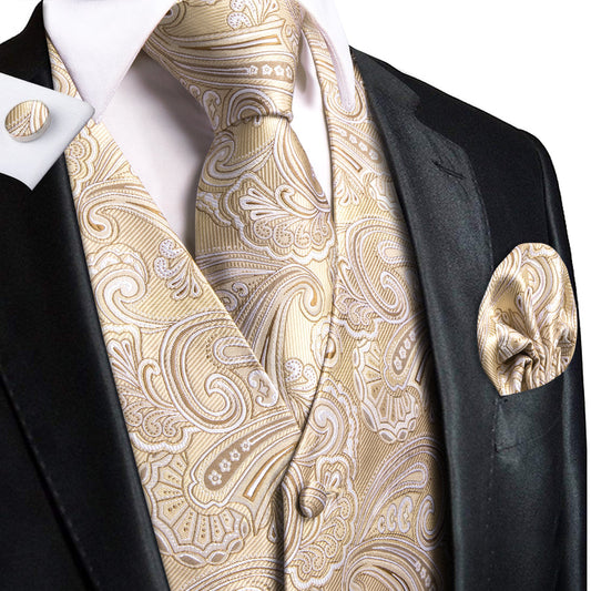 Light Champagne Paisley Silk Vest Set vest set S (Chest 40") - Sophisticated Gentlemen