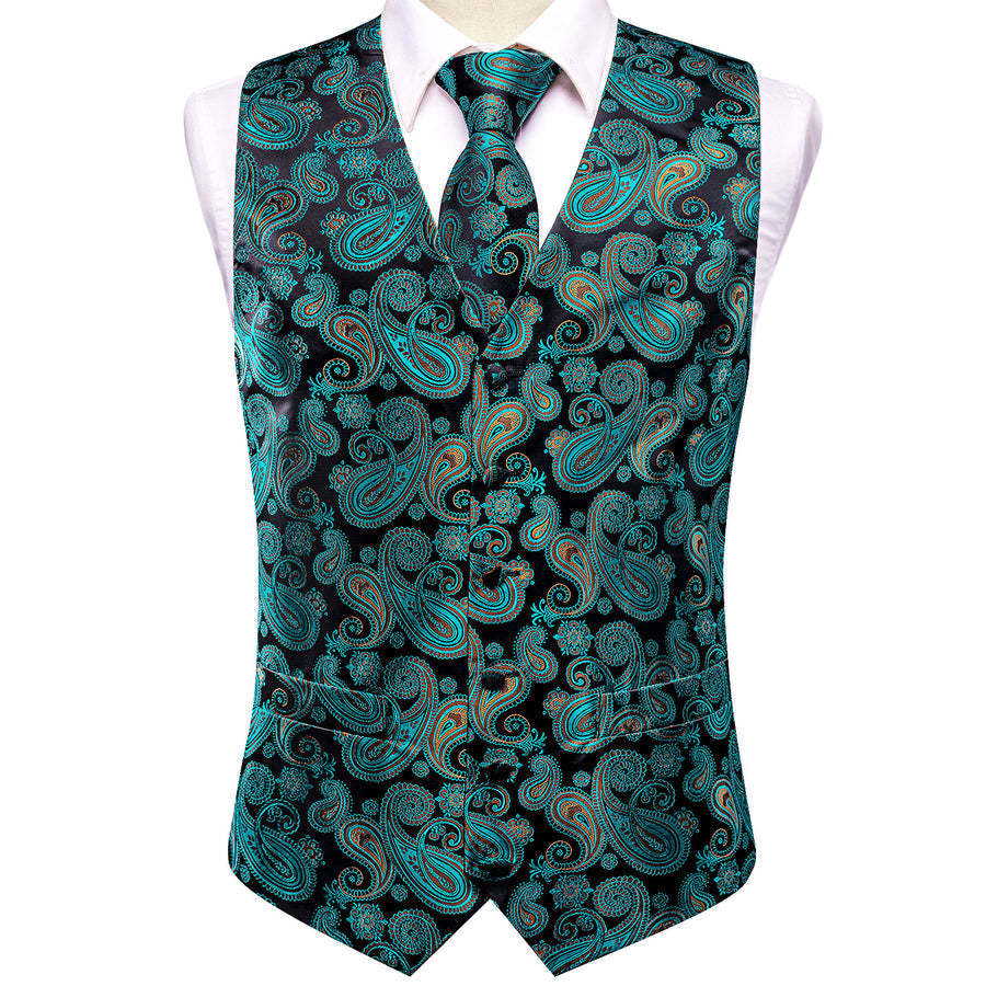 Forest Green & Charcoal Paisley Silk Vest Set vest set - Sophisticated Gentlemen