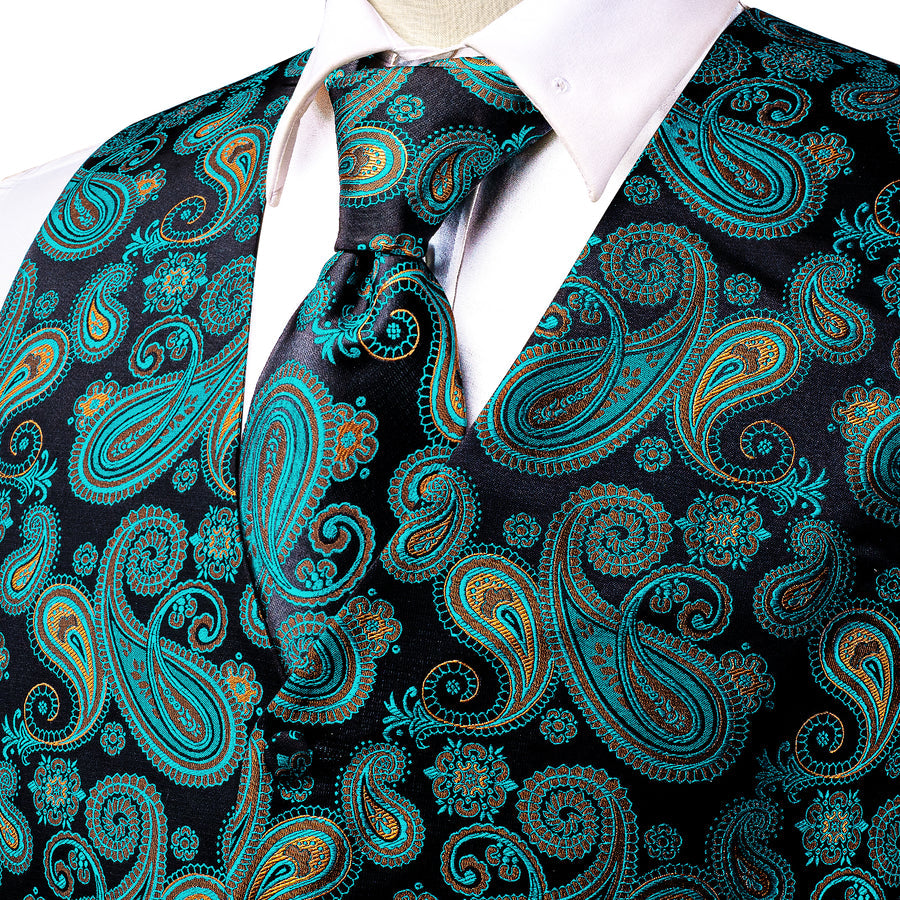 Forest Green & Charcoal Paisley Silk Vest Set vest set - Sophisticated Gentlemen