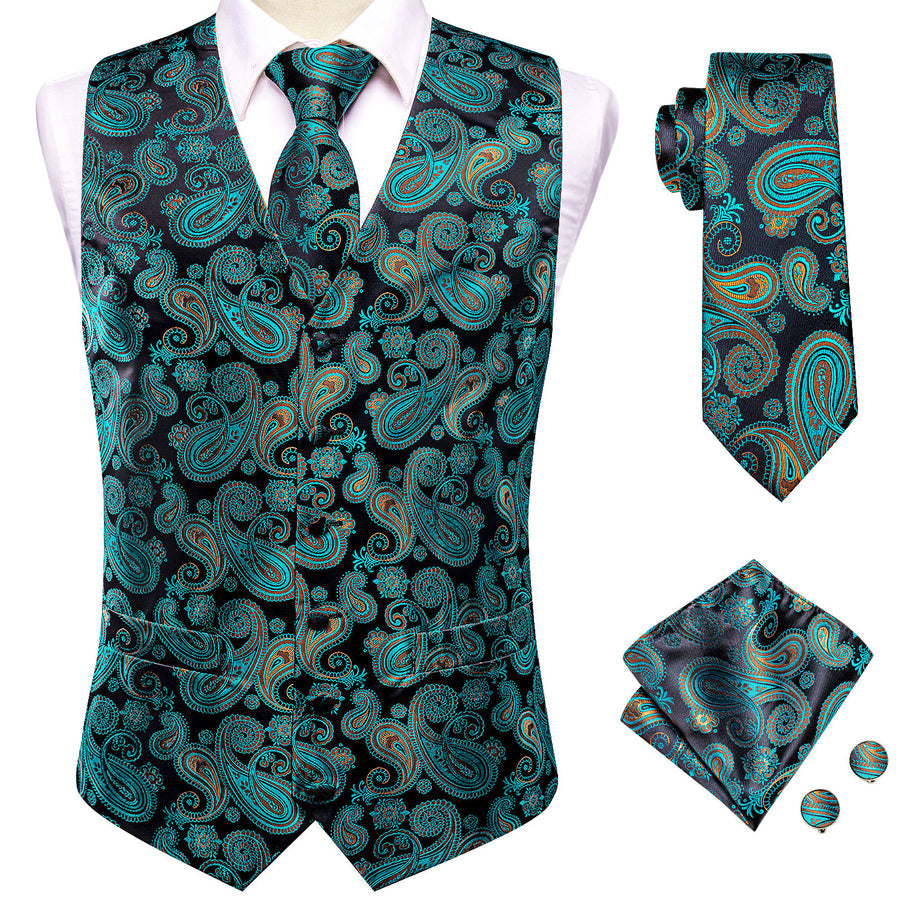 Forest Green & Charcoal Paisley Silk Vest Set vest set - Sophisticated Gentlemen