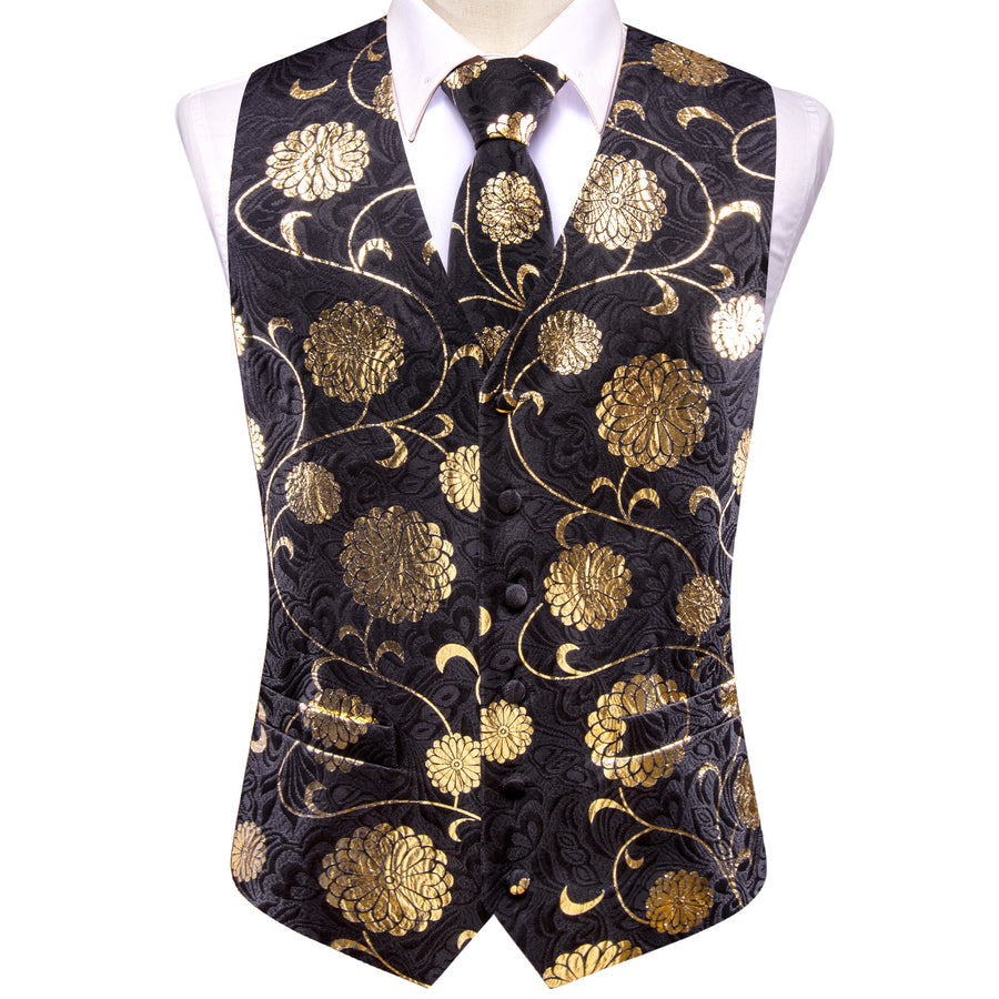 Black and Gold Floral Jacquard Silk Vest Set vest set - Sophisticated Gentlemen