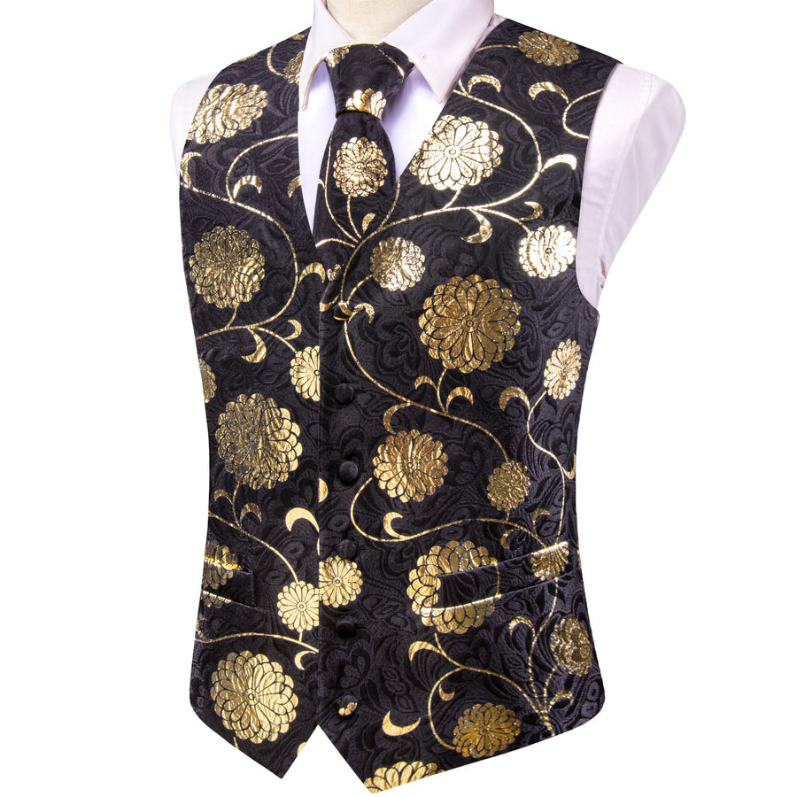 Black and Gold Floral Jacquard Silk Vest Set vest set - Sophisticated Gentlemen