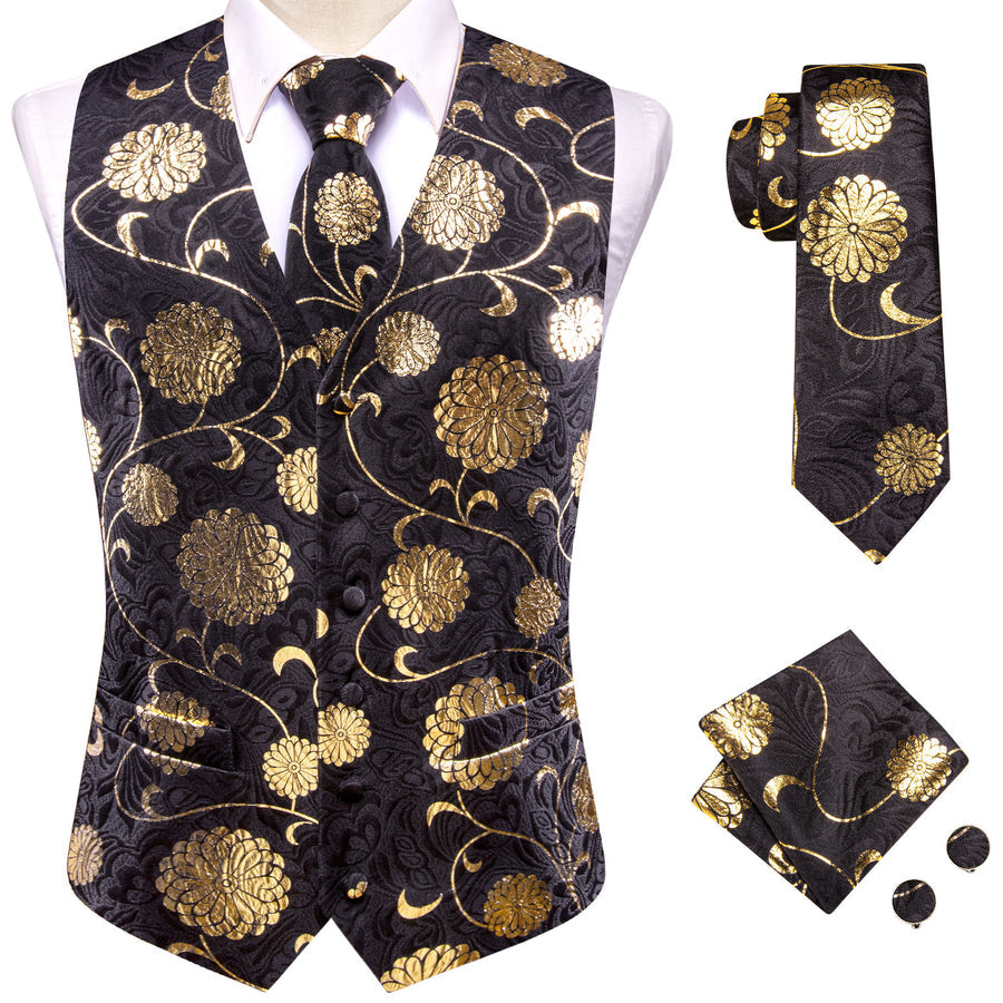 Black and Gold Floral Jacquard Silk Vest Set vest set - Sophisticated Gentlemen