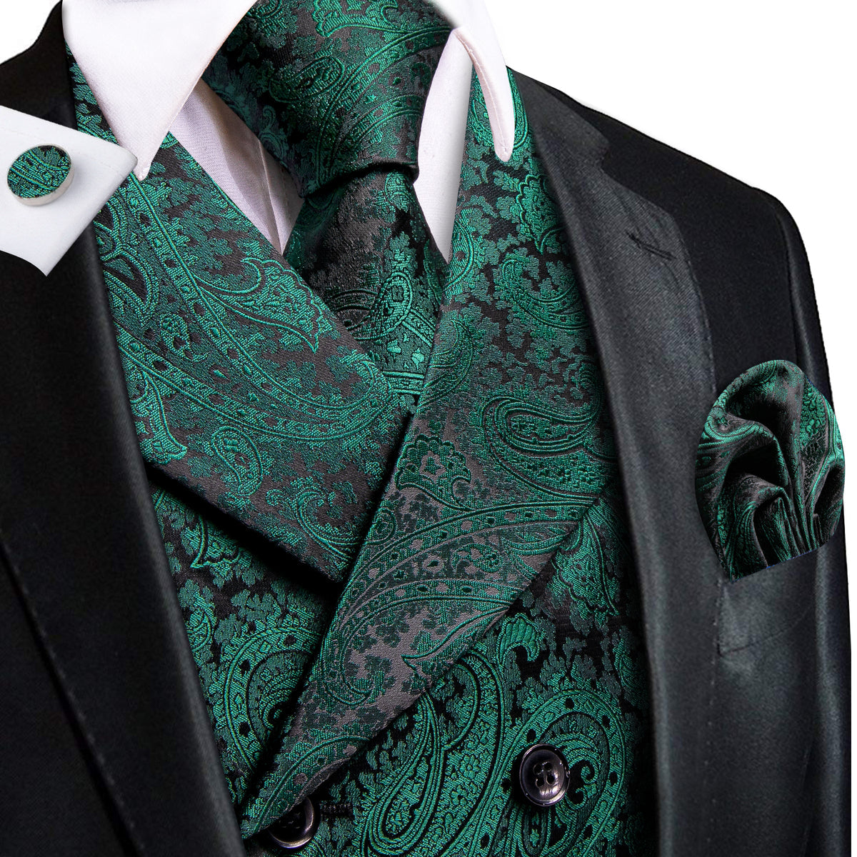 Dark Green Paisley Jacquard Vest Set Vest set S (Chest 40) - Sophisticated Gentlemen