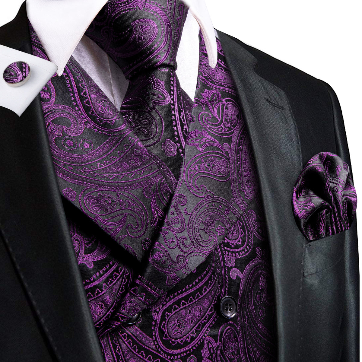 Purple and Black Paisley Jacquard Vest Set Vest set S (Chest 40) - Sophisticated Gentlemen
