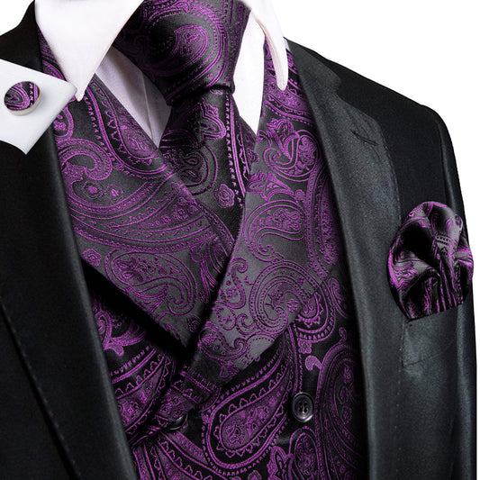 Purple and Black Paisley Jacquard Vest Set Vest set S (Chest 40)   - Sophisticated Gentlemen