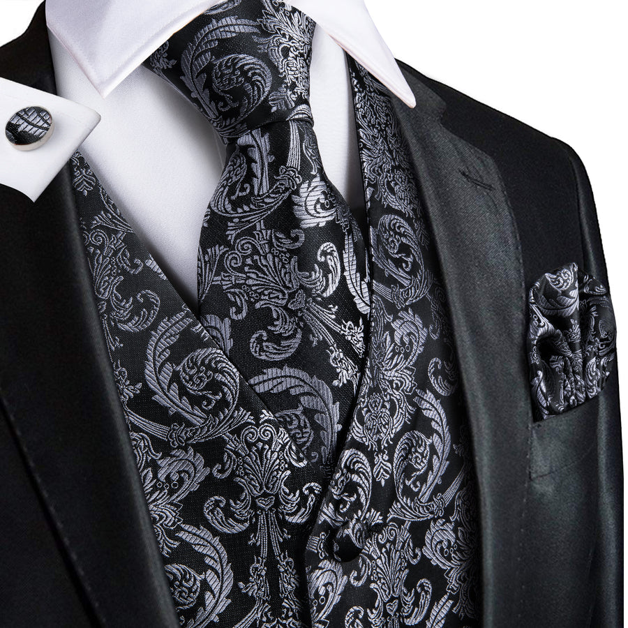 Grey Paisley Jacquard Silk Vest Set vest set S (Chest 40") - Sophisticated Gentlemen