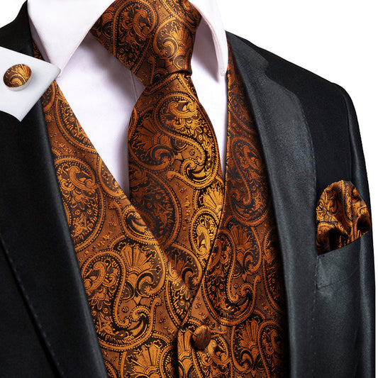Rich Brown Paisley Silk Vest Set vest set S (Chest 40") - Sophisticated Gentlemen