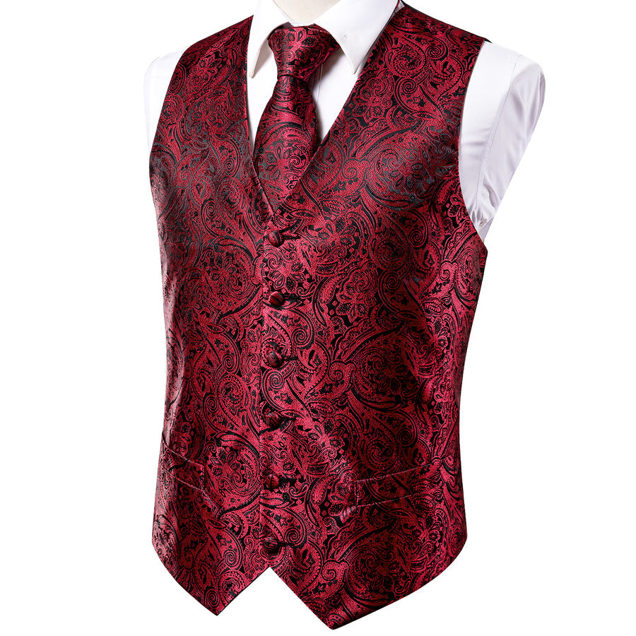 Red and Black Paisley Jacquard Silk Vest Set vest set - Sophisticated Gentlemen