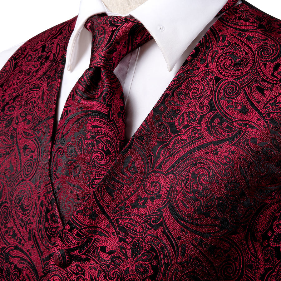 Red and Black Paisley Jacquard Silk Vest Set vest set - Sophisticated Gentlemen