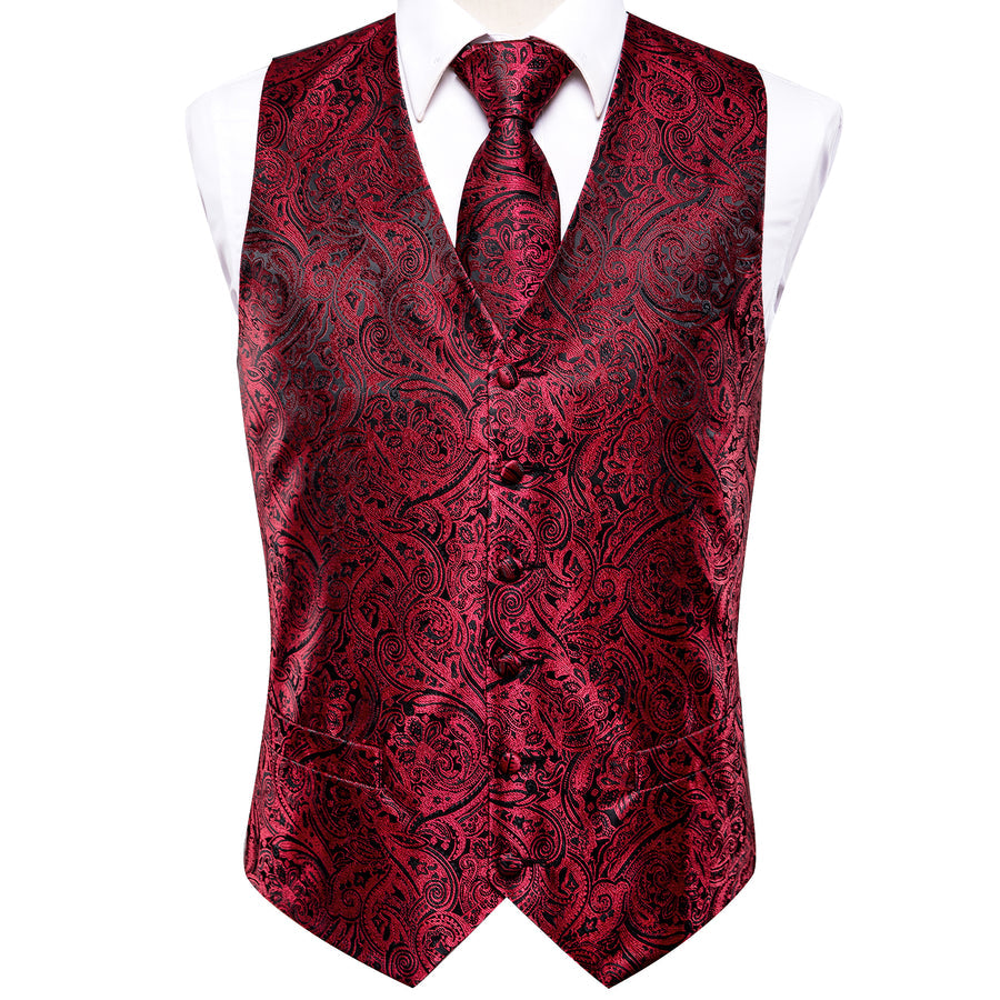 Red and Black Paisley Jacquard Silk Vest Set vest set - Sophisticated Gentlemen