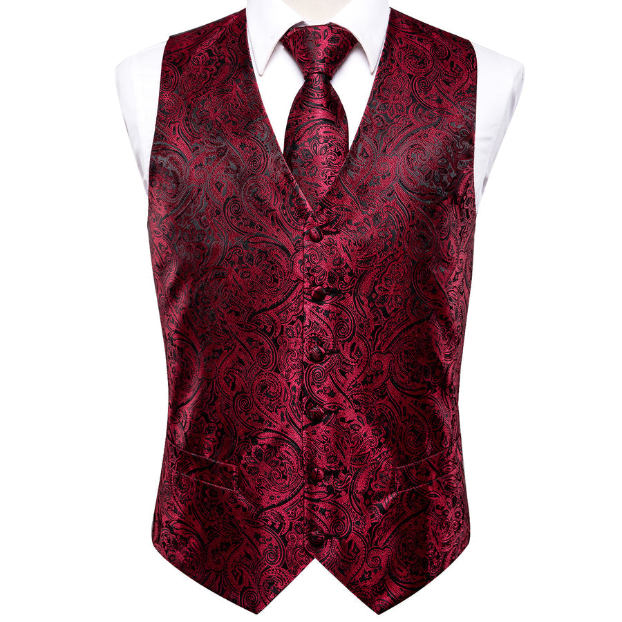 Red and Black Paisley Jacquard Silk Vest Set vest set - Sophisticated Gentlemen