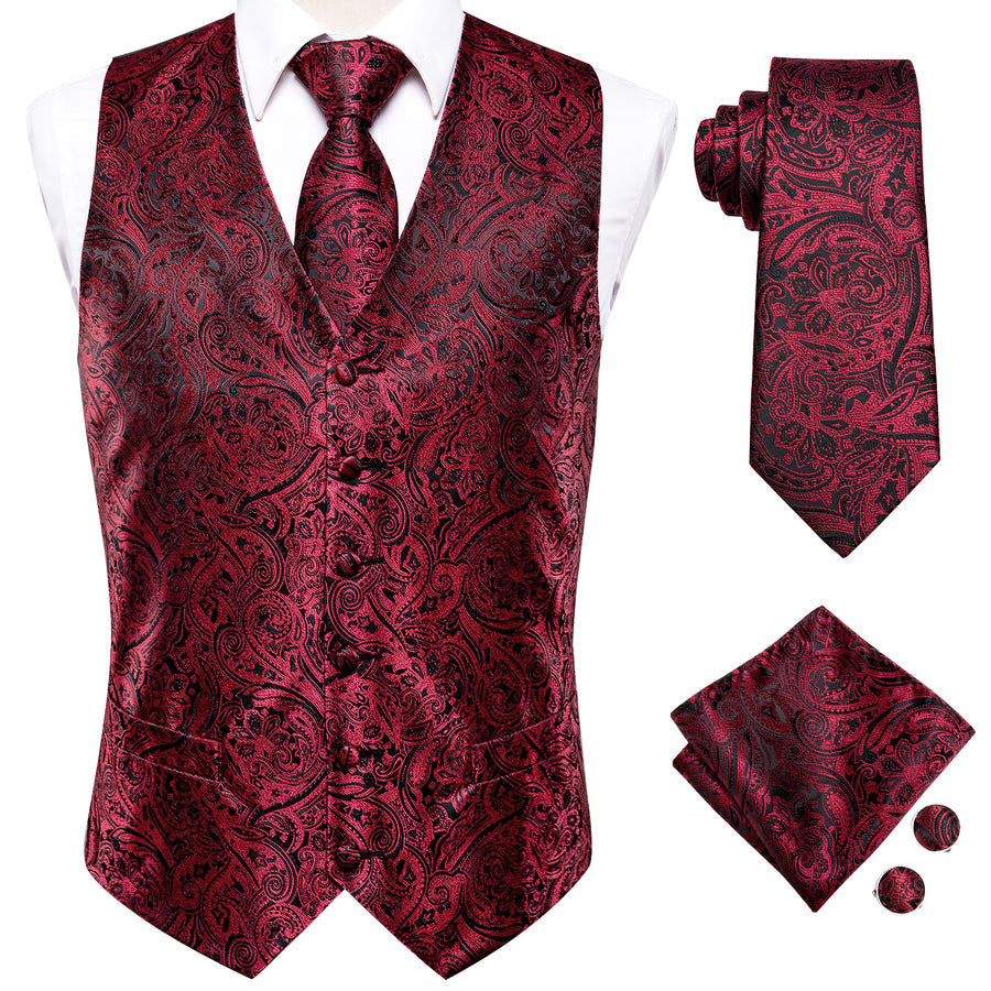 Red and Black Paisley Jacquard Silk Vest Set vest set - Sophisticated Gentlemen