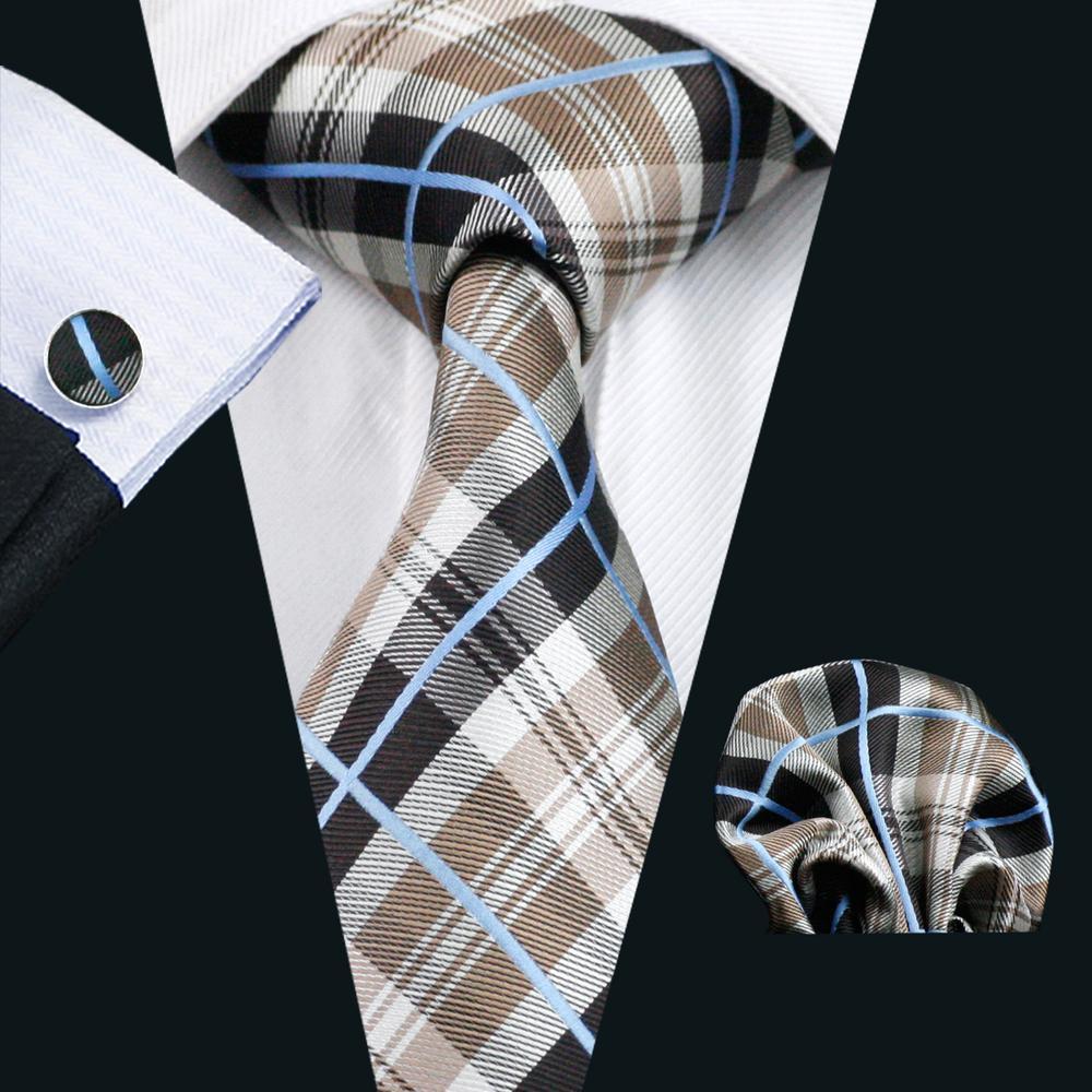 Brown Black White Plaid Silk Tie, Pocket Square and Cufflinks Set tie sets - Sophisticated Gentlemen