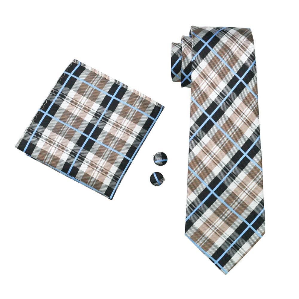 Brown Black White Plaid Silk Tie, Pocket Square and Cufflinks Set tie sets - Sophisticated Gentlemen