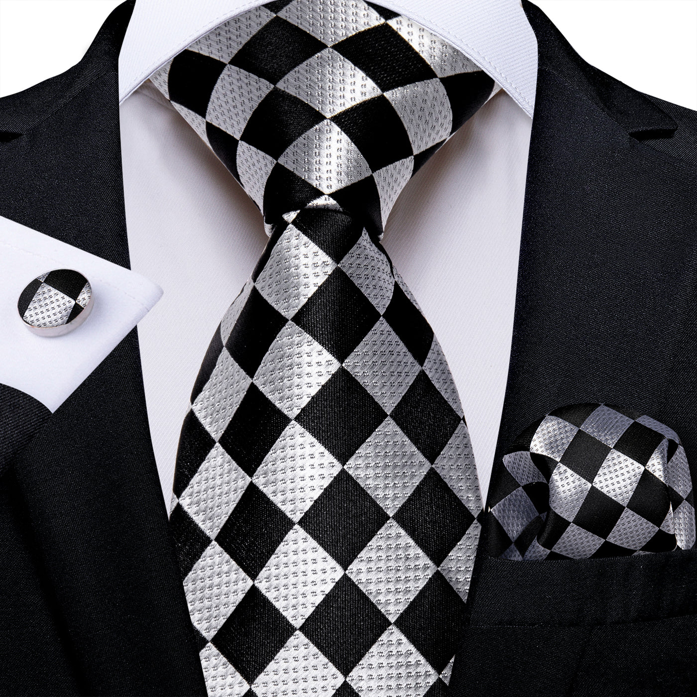 Silver & Black Checkerboard Silk Tie, Pocket Square & Cufflinks Set Silver & Black Checkerboard Silk Tie, Pocket Square & Cufflinks Set