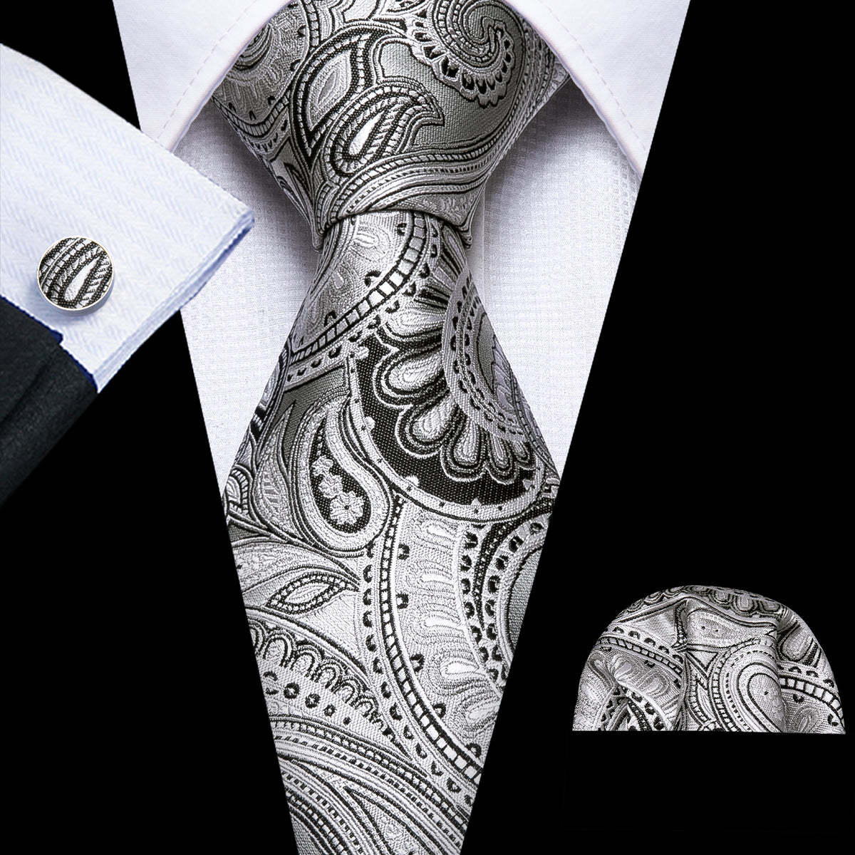 White Black Jacquard Paisley Tie, Pocket Square and Cufflinks Set tie sets - Sophisticated Gentlemen
