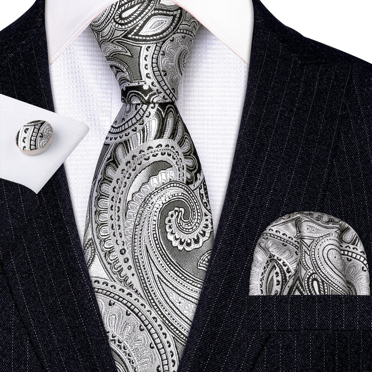 White Black Jacquard Paisley Tie, Pocket Square and Cufflinks Set tie sets - Sophisticated Gentlemen