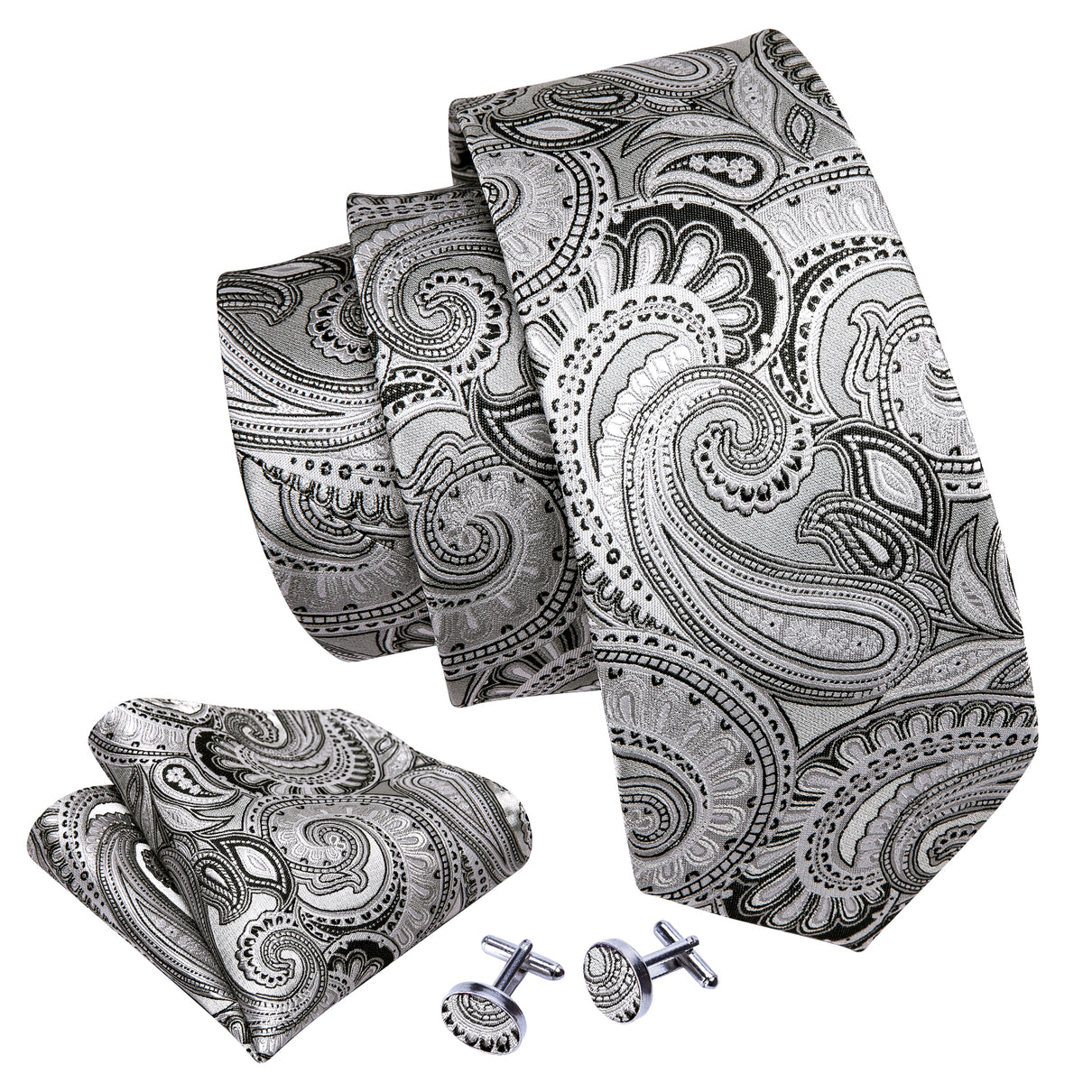 White Black Jacquard Paisley Tie, Pocket Square and Cufflinks Set tie sets - Sophisticated Gentlemen