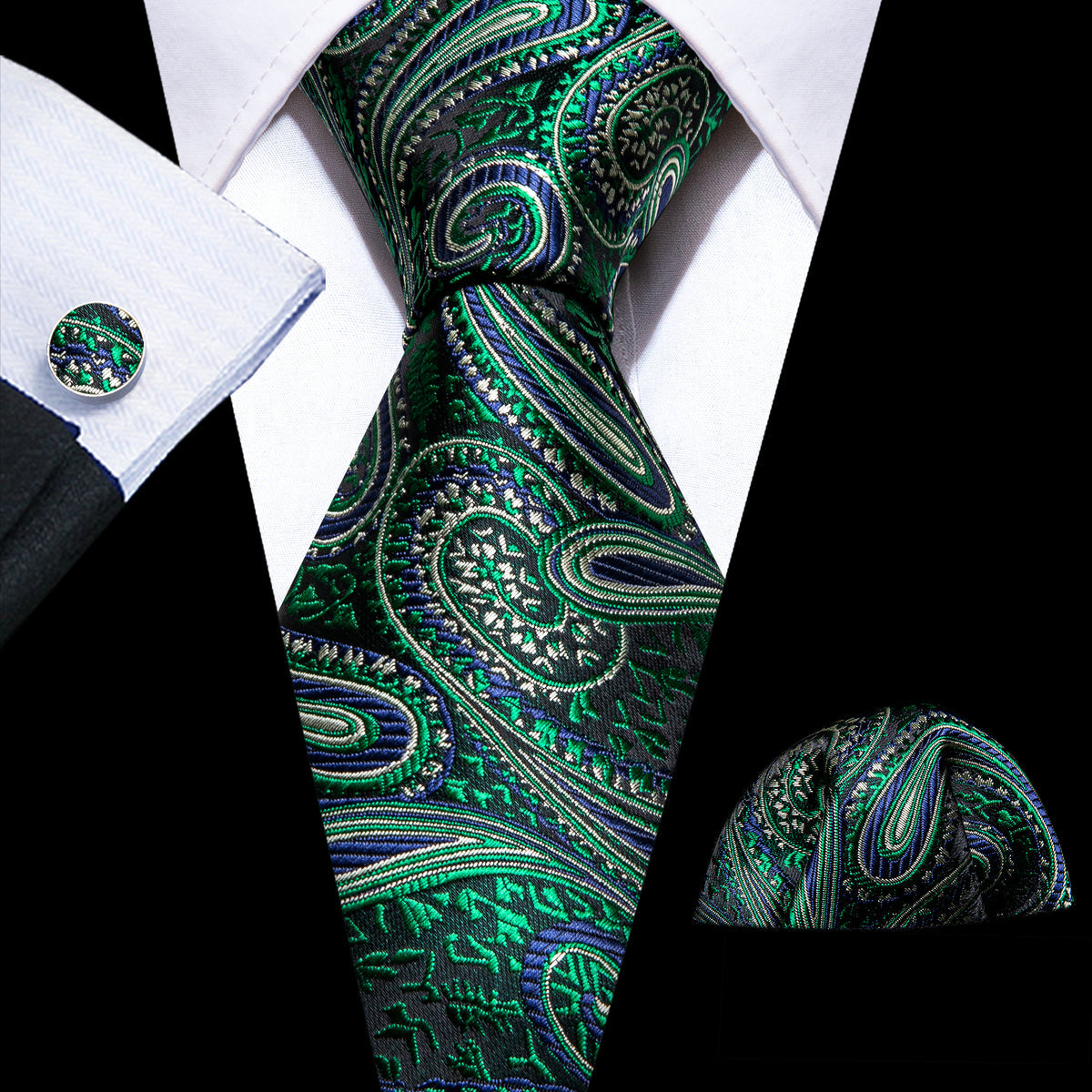 Elegant Green Paisley Jacquard Silk Tie Set with Pocket Square and Cufflinks tie sets - Sophisticated Gentlemen