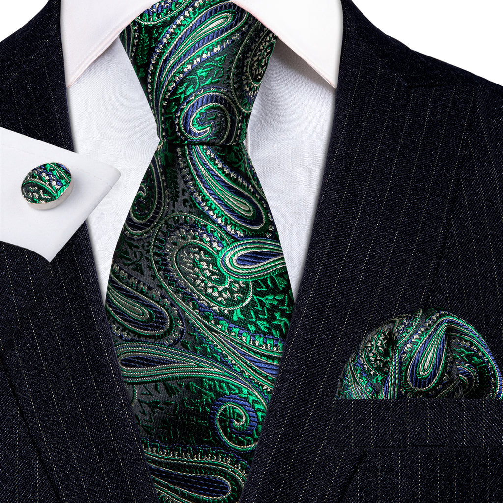Elegant Green Paisley Jacquard Silk Tie Set with Pocket Square and Cufflinks tie sets - Sophisticated Gentlemen