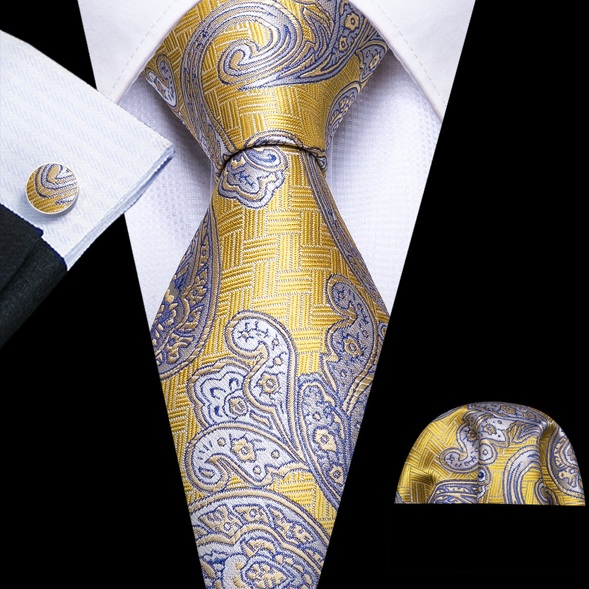 Yellow Blue Beige Paisley Tie, Pocket Square and Cufflinks Set tie sets - Sophisticated Gentlemen