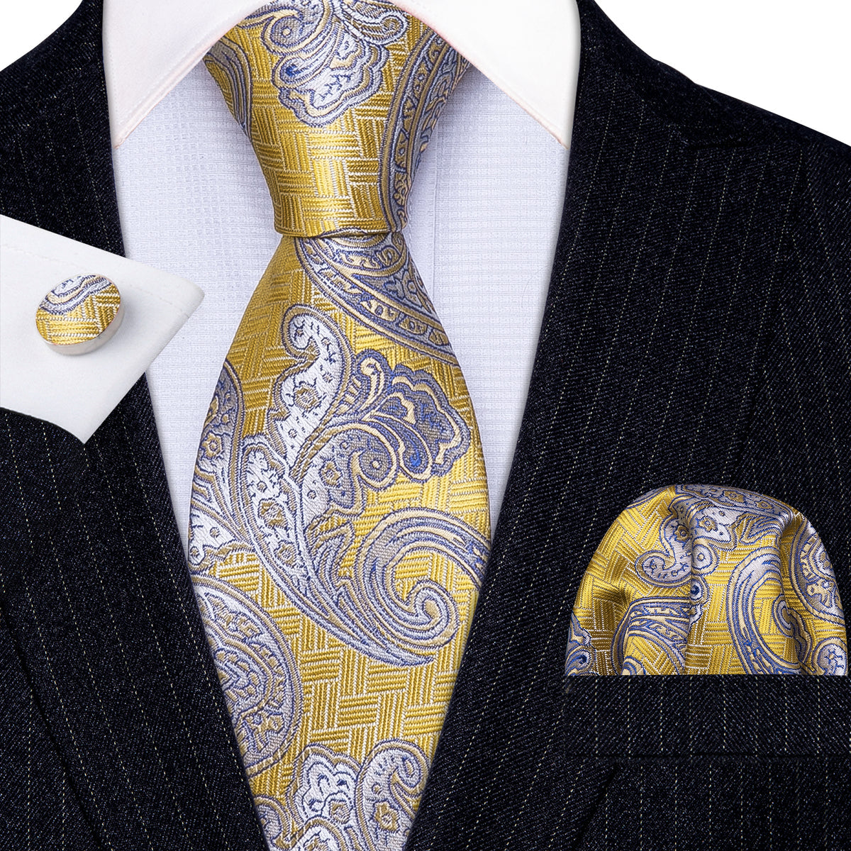 Yellow Blue Beige Paisley Tie, Pocket Square and Cufflinks Set tie sets - Sophisticated Gentlemen