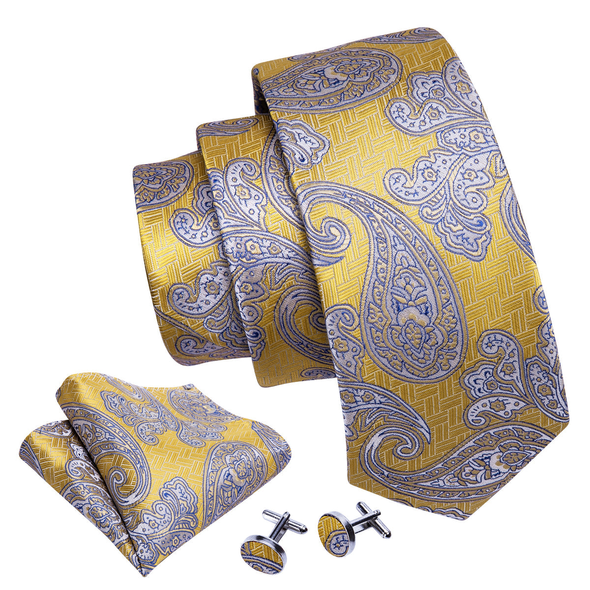 Yellow Blue Beige Paisley Tie, Pocket Square and Cufflinks Set tie sets - Sophisticated Gentlemen