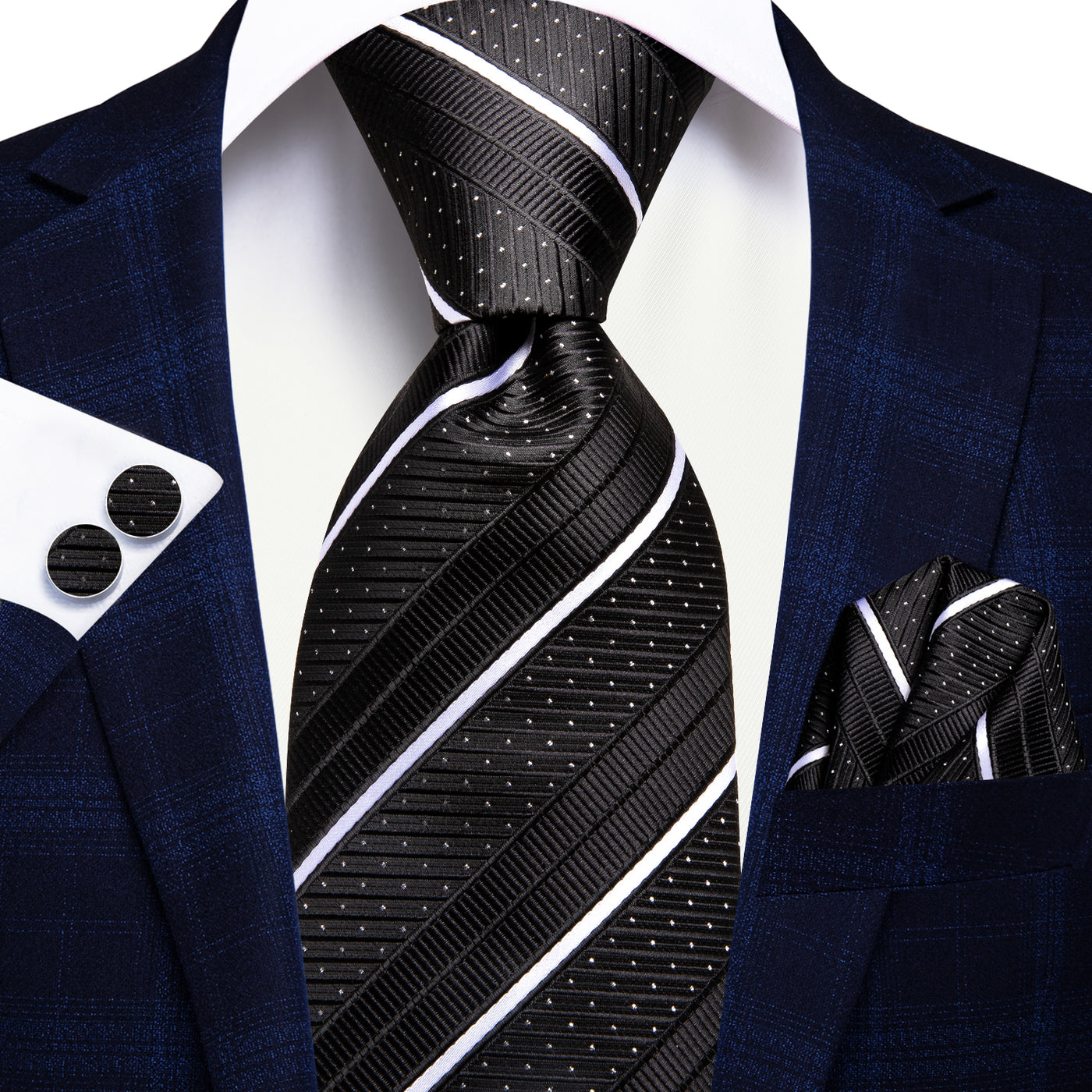 Black & White Diagonal Stripe & Dot Silk Tie, Pocket Square & Cufflinks Set tie set - Sophisticated Gentlemen