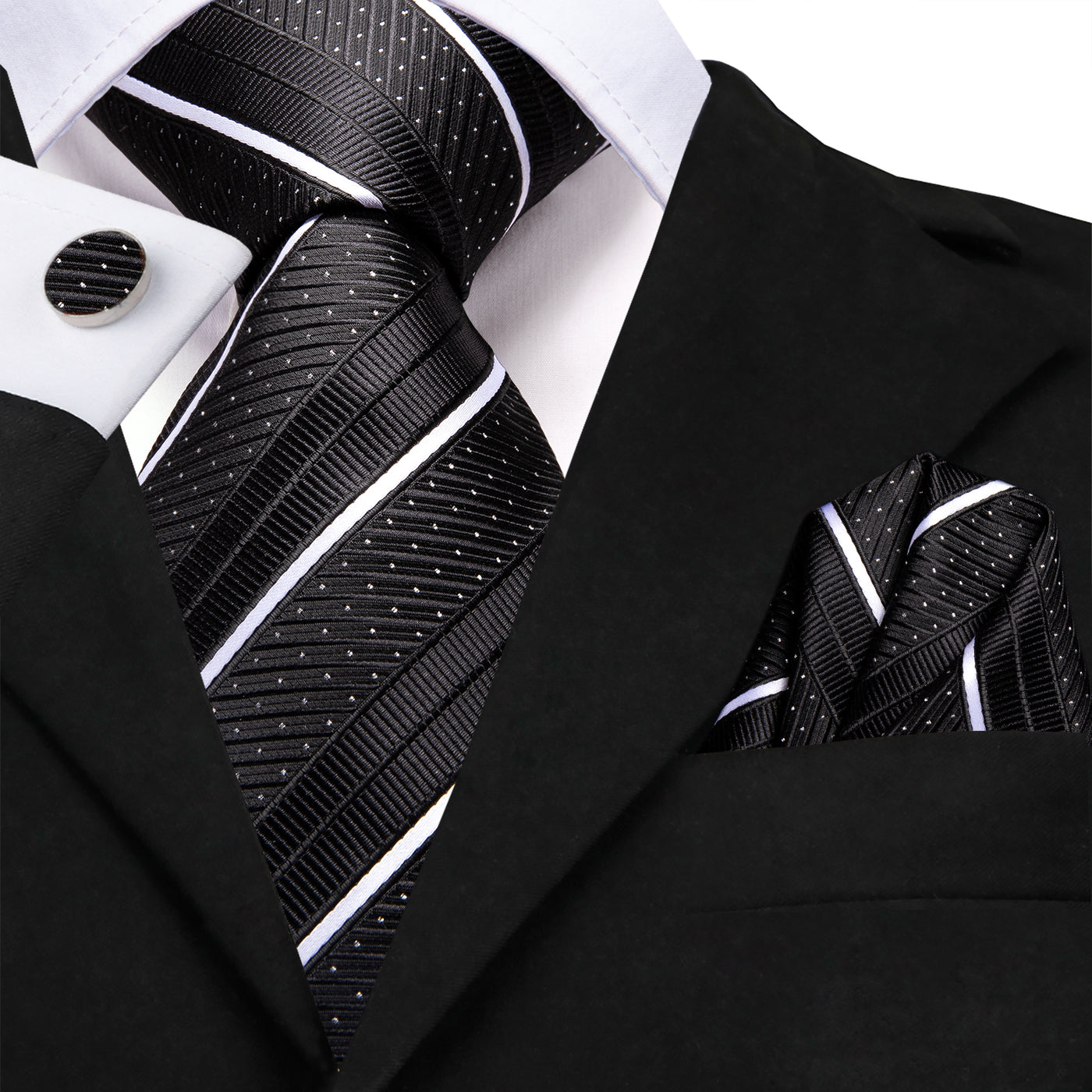 Black & White Diagonal Stripe & Dot Silk Tie, Pocket Square & Cufflinks Set tie set - Sophisticated Gentlemen