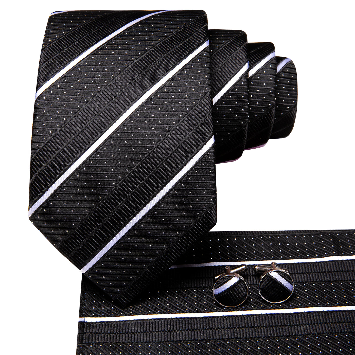 Black & White Diagonal Stripe & Dot Silk Tie, Pocket Square & Cufflinks Set tie set - Sophisticated Gentlemen