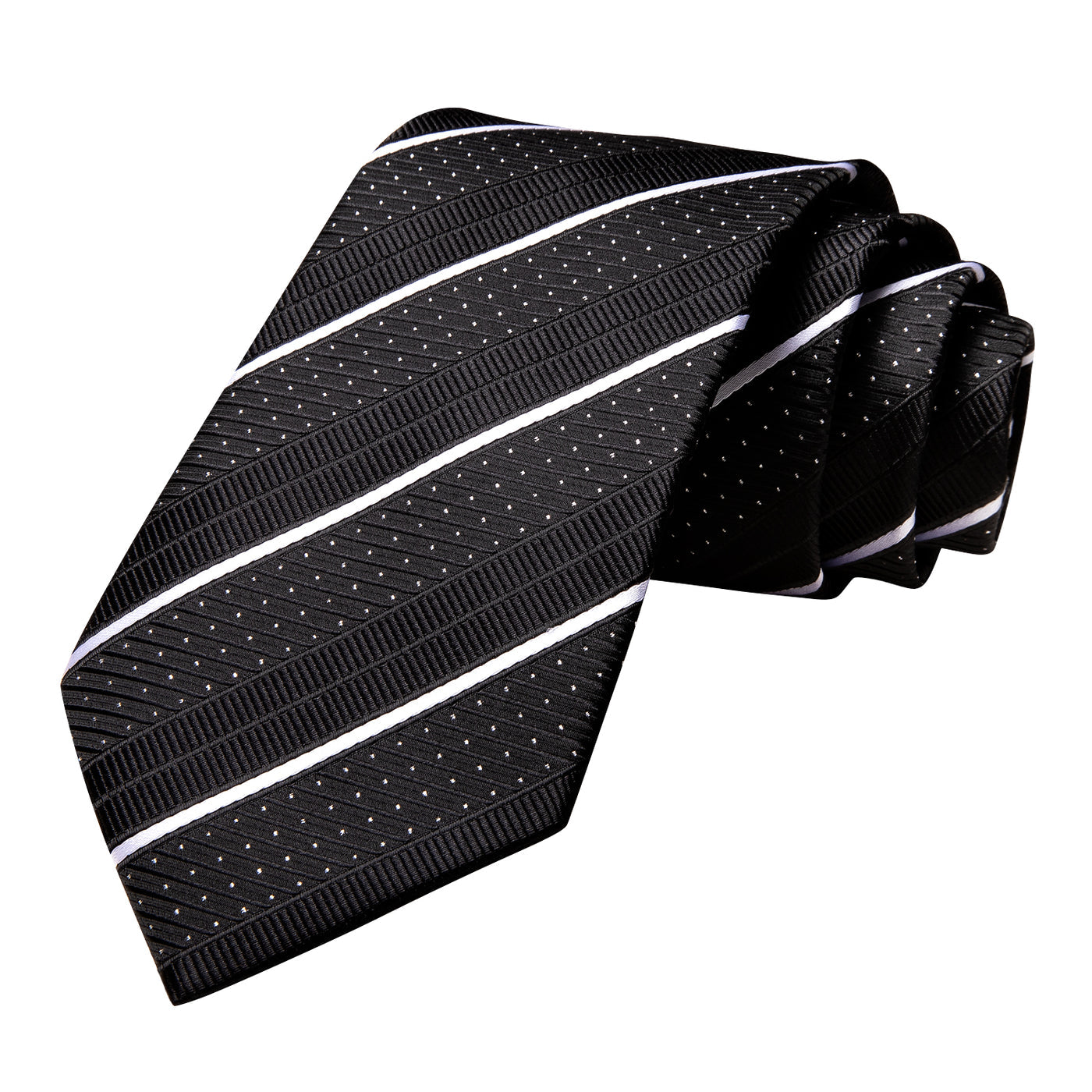 Black & White Diagonal Stripe & Dot Silk Tie, Pocket Square & Cufflinks Set tie set - Sophisticated Gentlemen