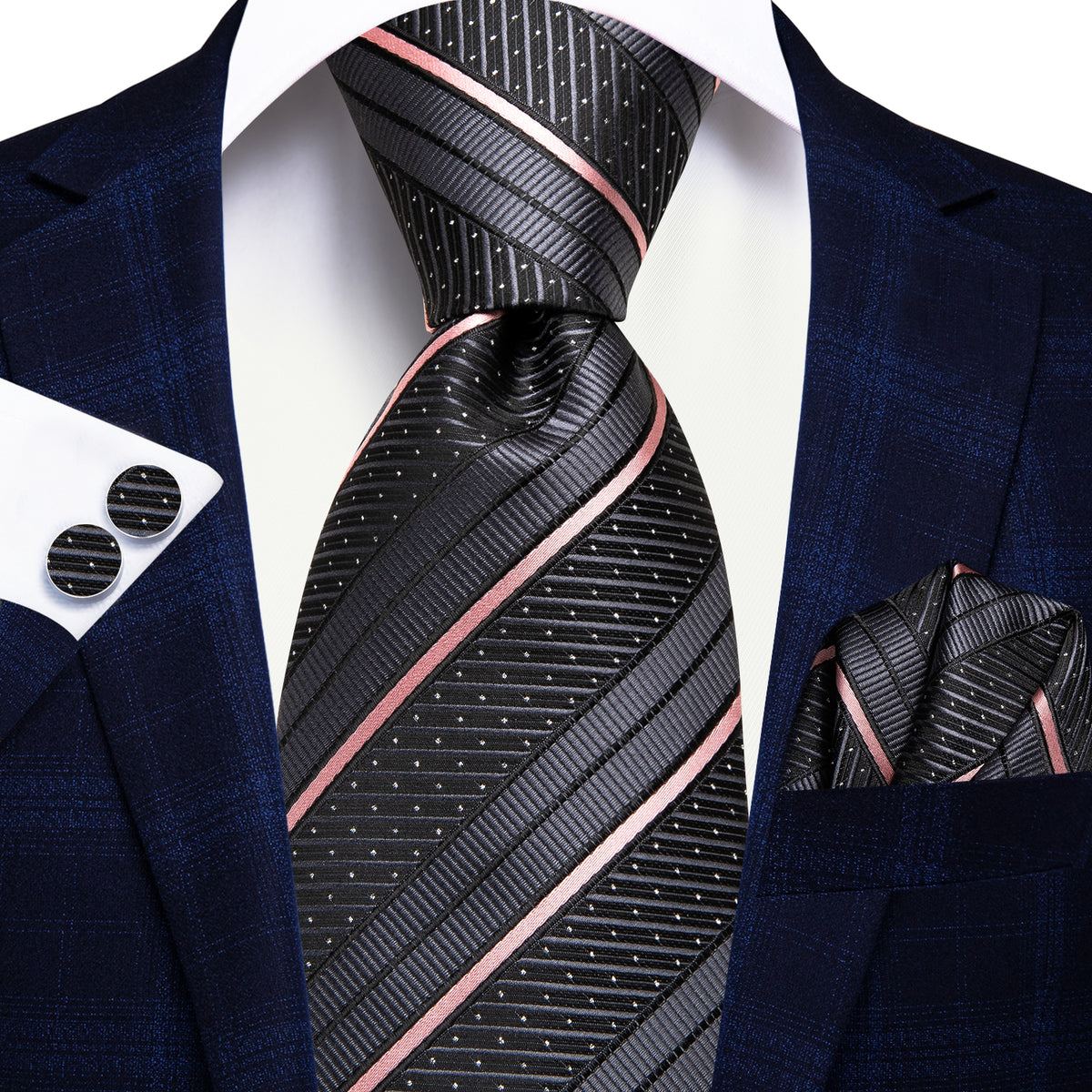 Gray and Pink Striped Silk Tie, Pocket Square and Cufflinks tie sets - Sophisticated Gentlemen