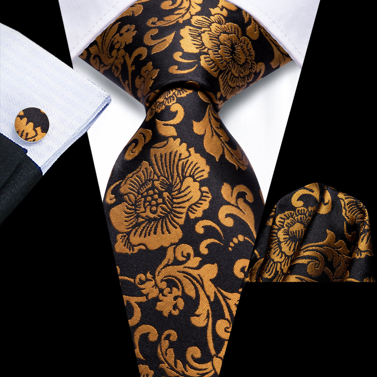 Black and Gold Floral Tie Set with Pocket Square & Cufflinks tie sets - Sophisticated Gentlemen