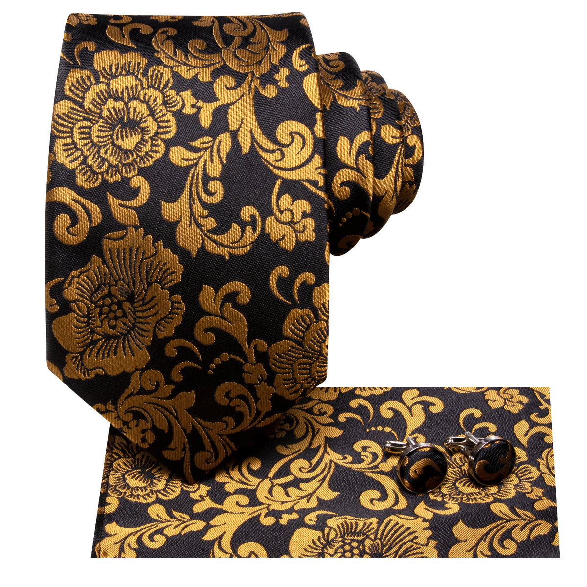 Black and Gold Floral Tie Set with Pocket Square & Cufflinks tie sets - Sophisticated Gentlemen