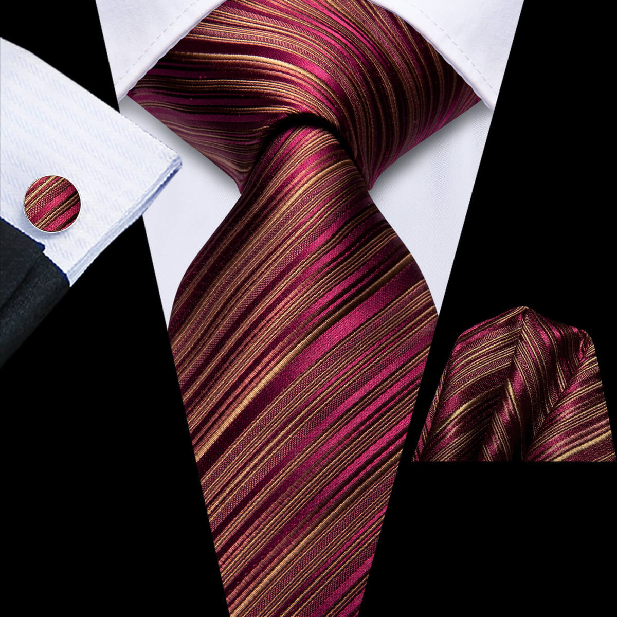 Burgundy and Gold Striped Silk Tie, Pocket Square and Cufflinks tie sets - Sophisticated Gentlemen