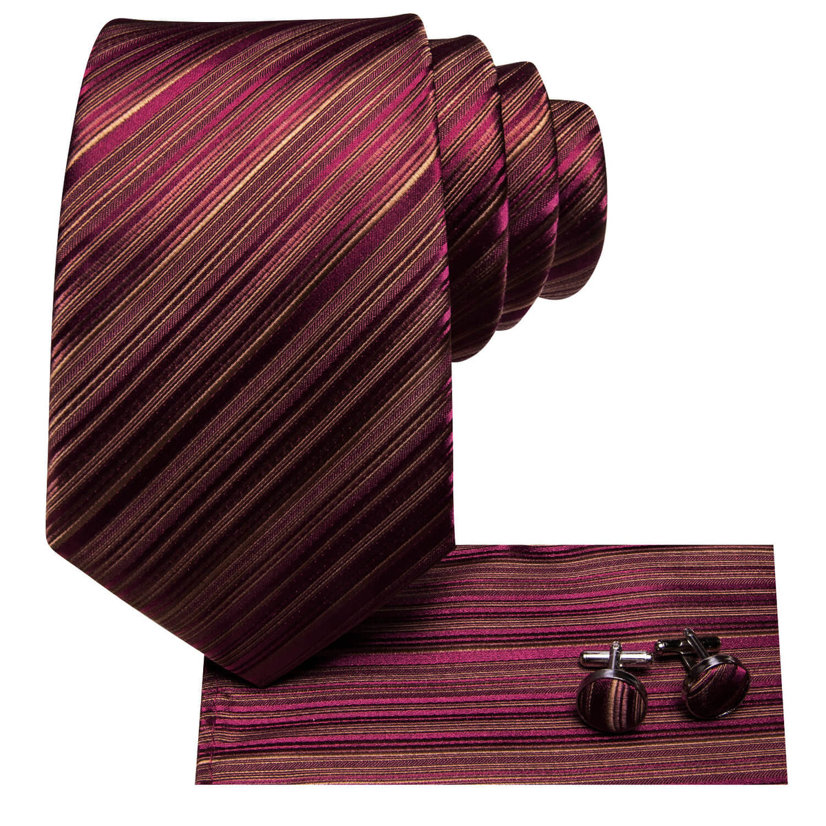 Burgundy and Gold Striped Silk Tie, Pocket Square and Cufflinks tie sets - Sophisticated Gentlemen