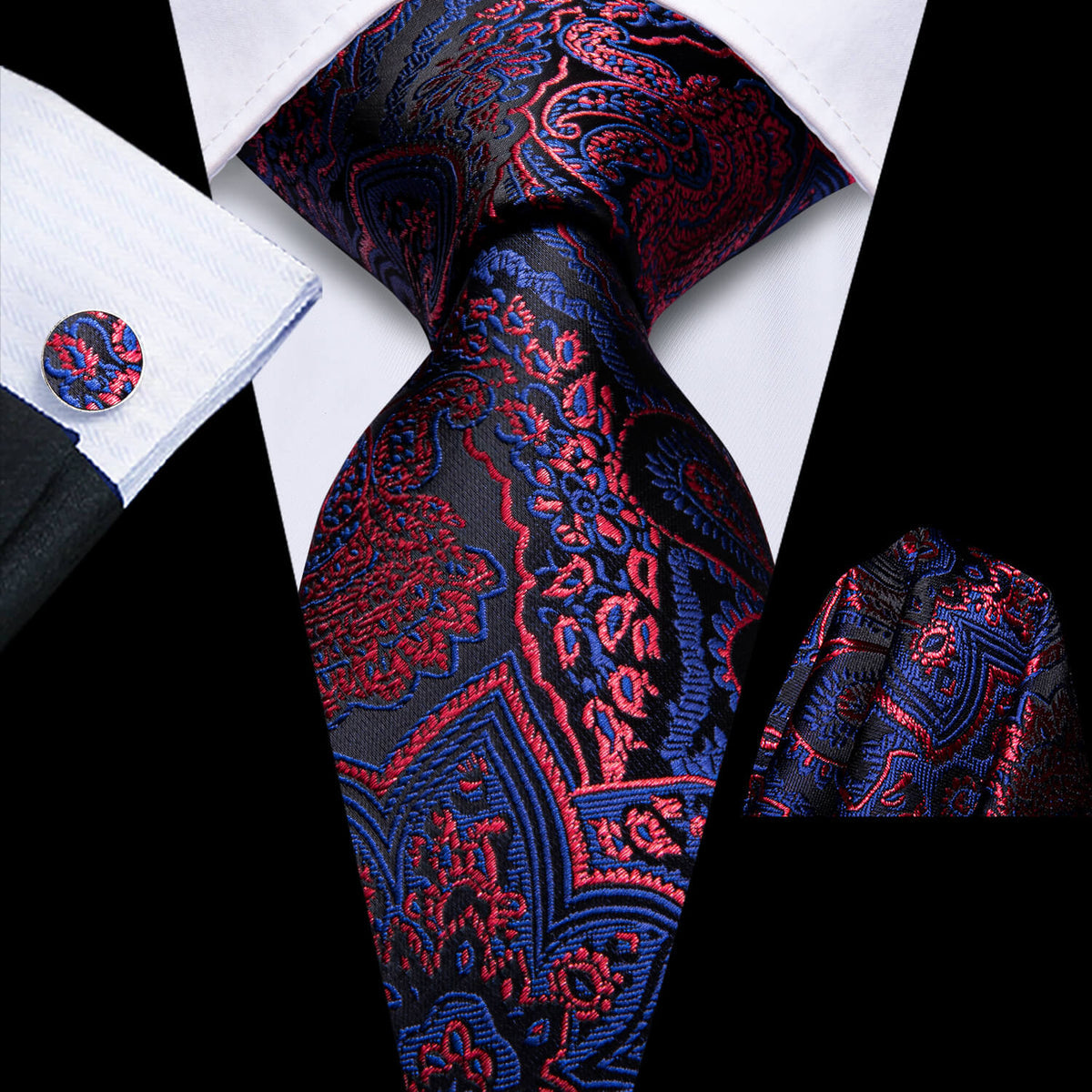 Red and Blue Floral Silk Tie, Pocket Square and Cufflinks tie sets - Sophisticated Gentlemen