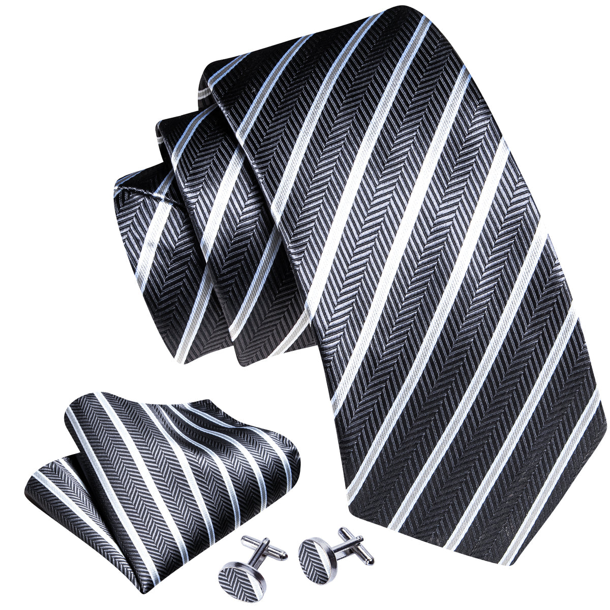 Gray White Striped Silk Tie, Pocket Square and Cufflinks Set tie sets - Sophisticated Gentlemen