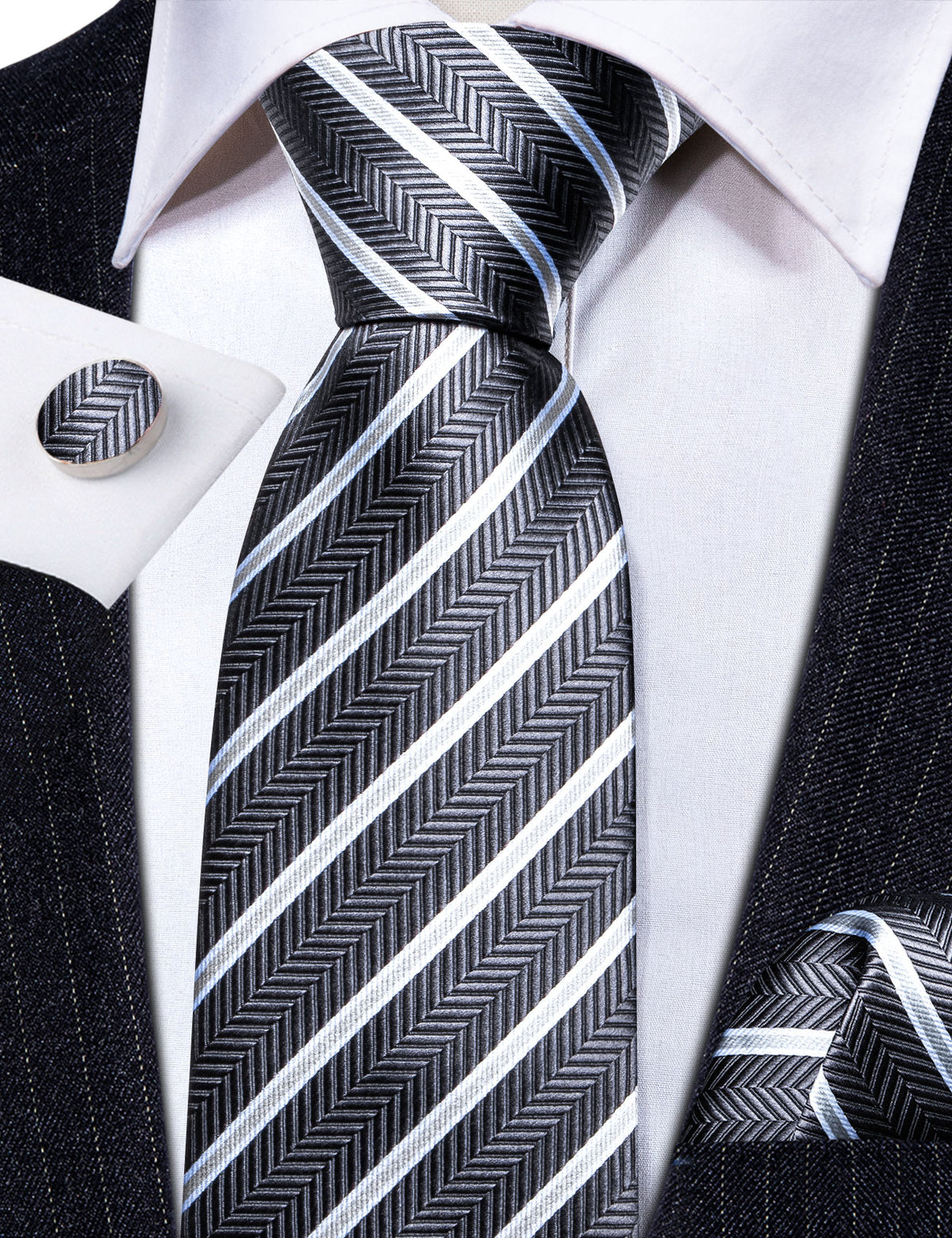 Gray White Striped Silk Tie, Pocket Square and Cufflinks Set tie sets - Sophisticated Gentlemen