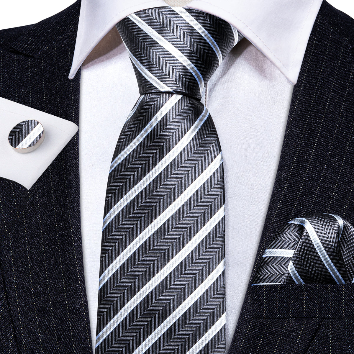 Gray White Striped Silk Tie, Pocket Square and Cufflinks Set tie sets - Sophisticated Gentlemen