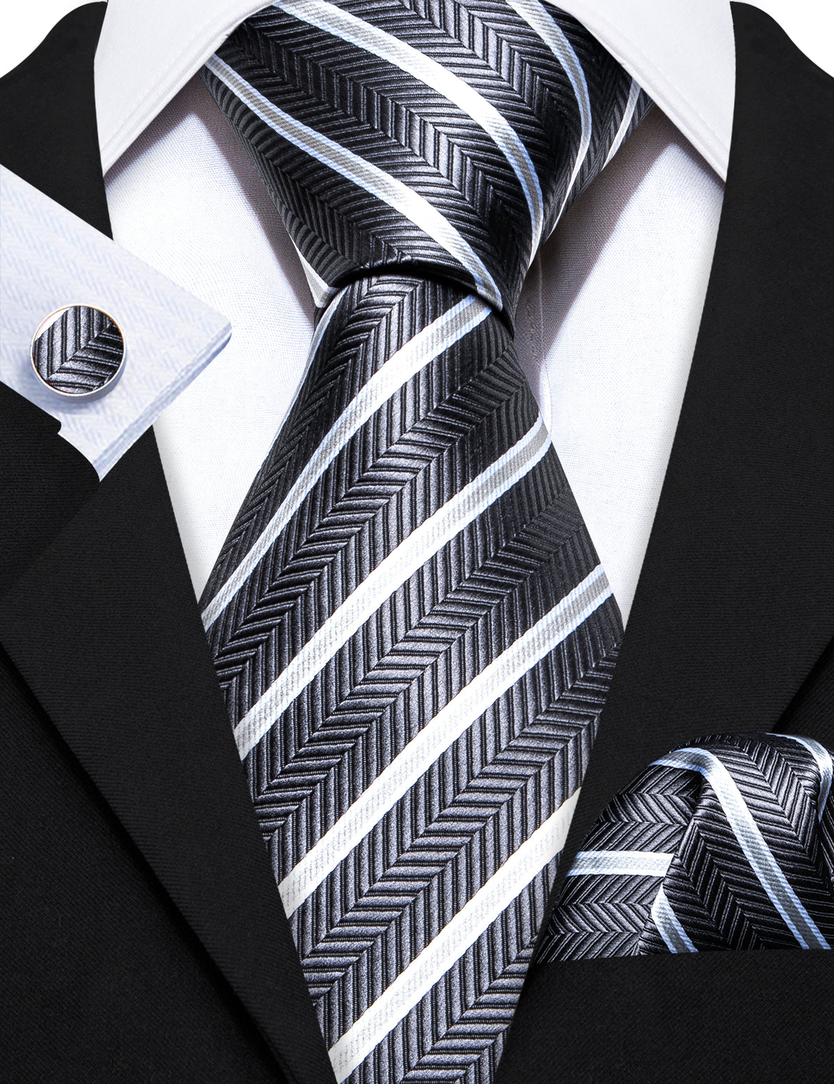 Gray White Striped Silk Tie, Pocket Square and Cufflinks Set tie sets - Sophisticated Gentlemen