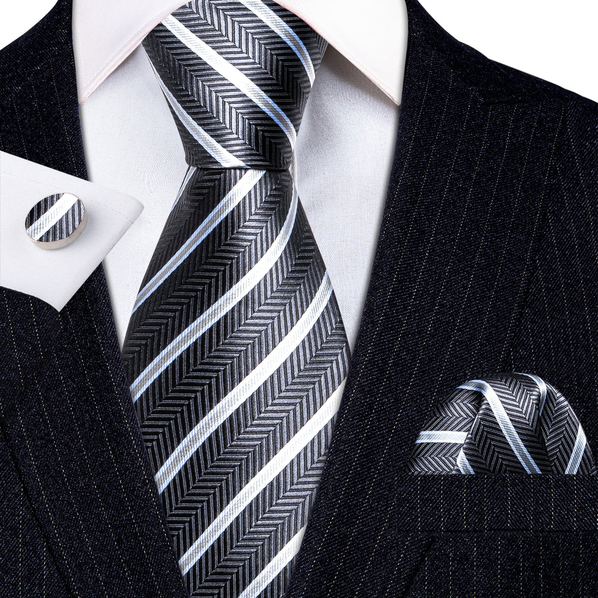Gray White Striped Silk Tie, Pocket Square and Cufflinks Set tie sets - Sophisticated Gentlemen