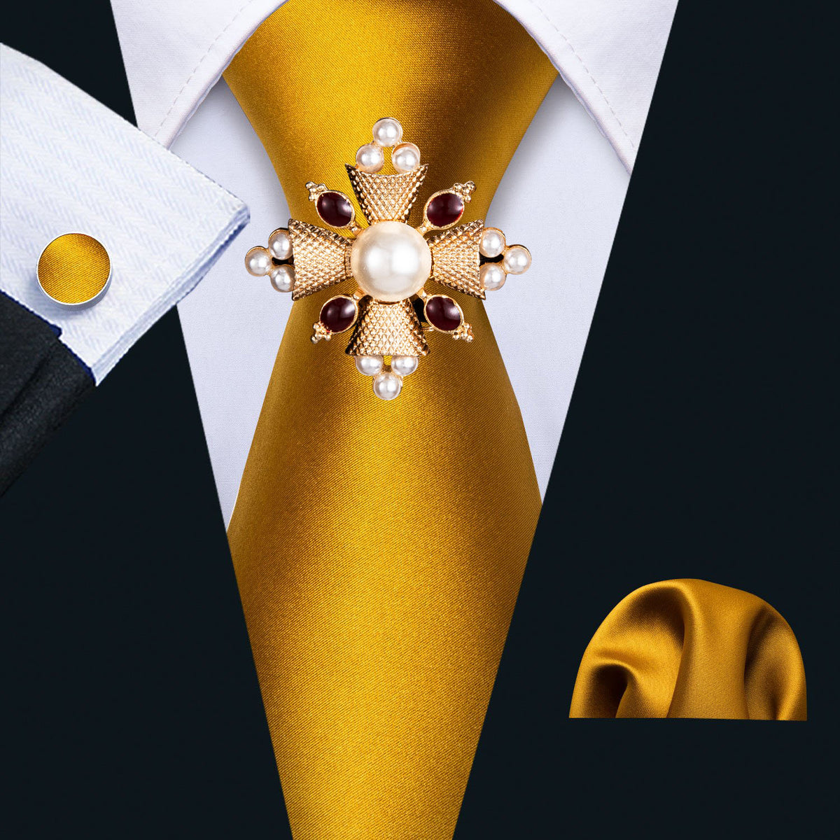 Golden Solid Silk Tie, Pocket Square and Cufflinks Set with Brooches tie sets - Sophisticated Gentlemen